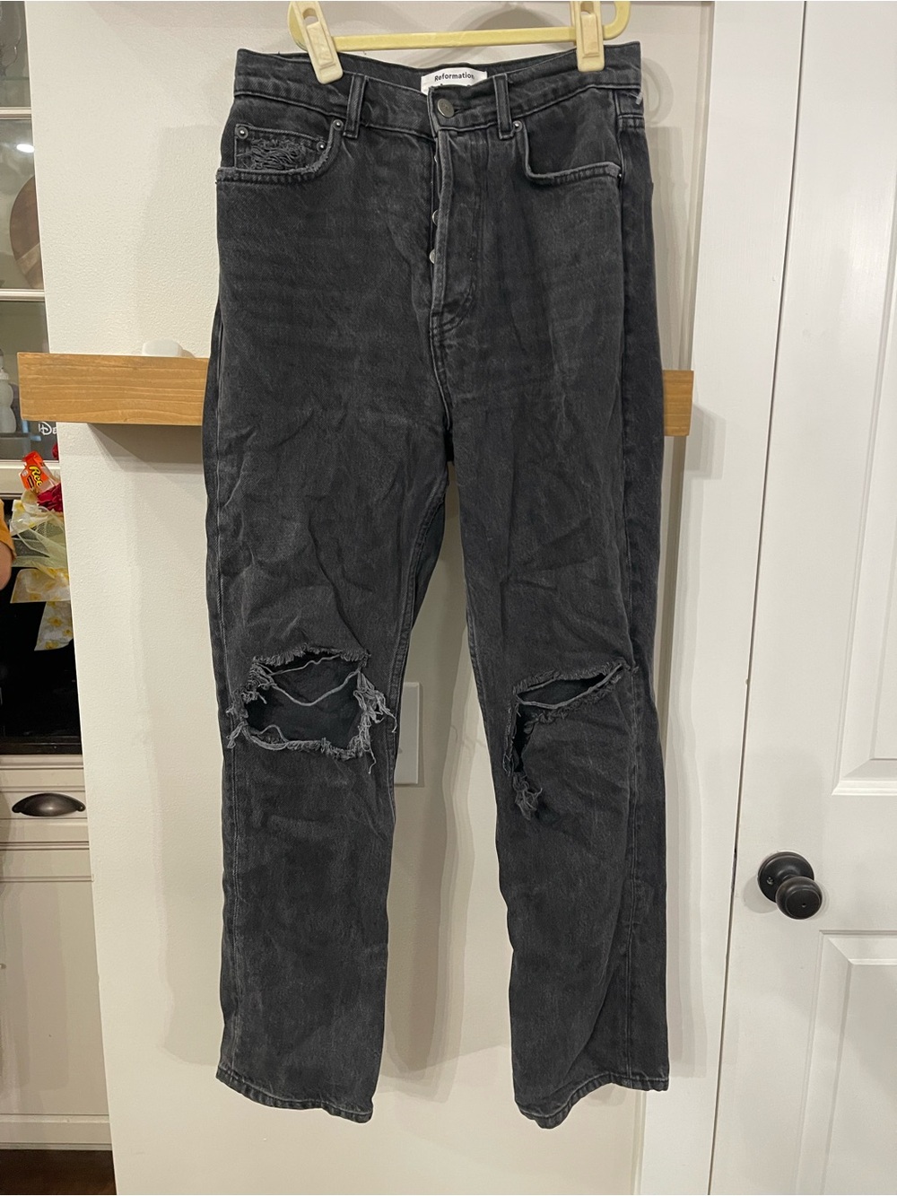Reformation Black Distressed Knee-Rip Denim Jeans